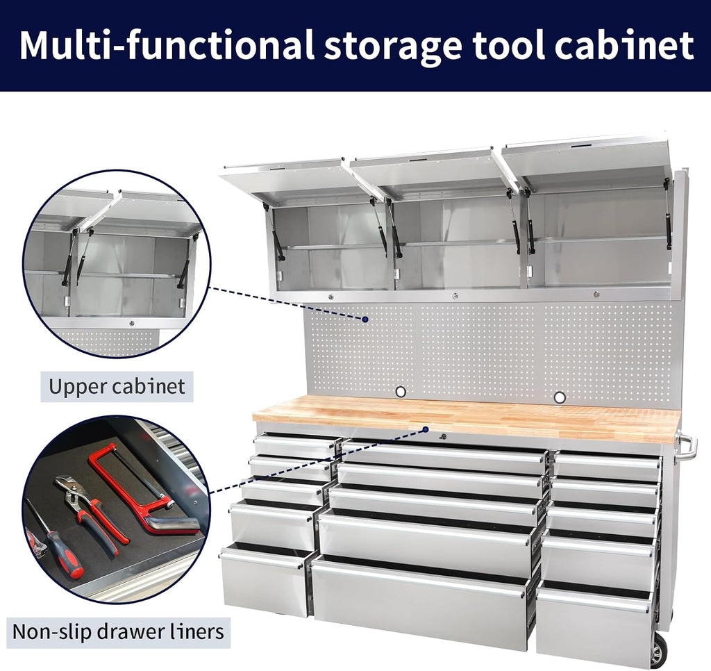 CHETTO C 72 inch Tool Chest Tool Box Mobile 15 Drawers Storage 3 Upper Cabinets SS-Pegboard Rolling Cabinet with Wheels Lock Key Locking System Drawer Liners for Garage Warehouse Repair Shop