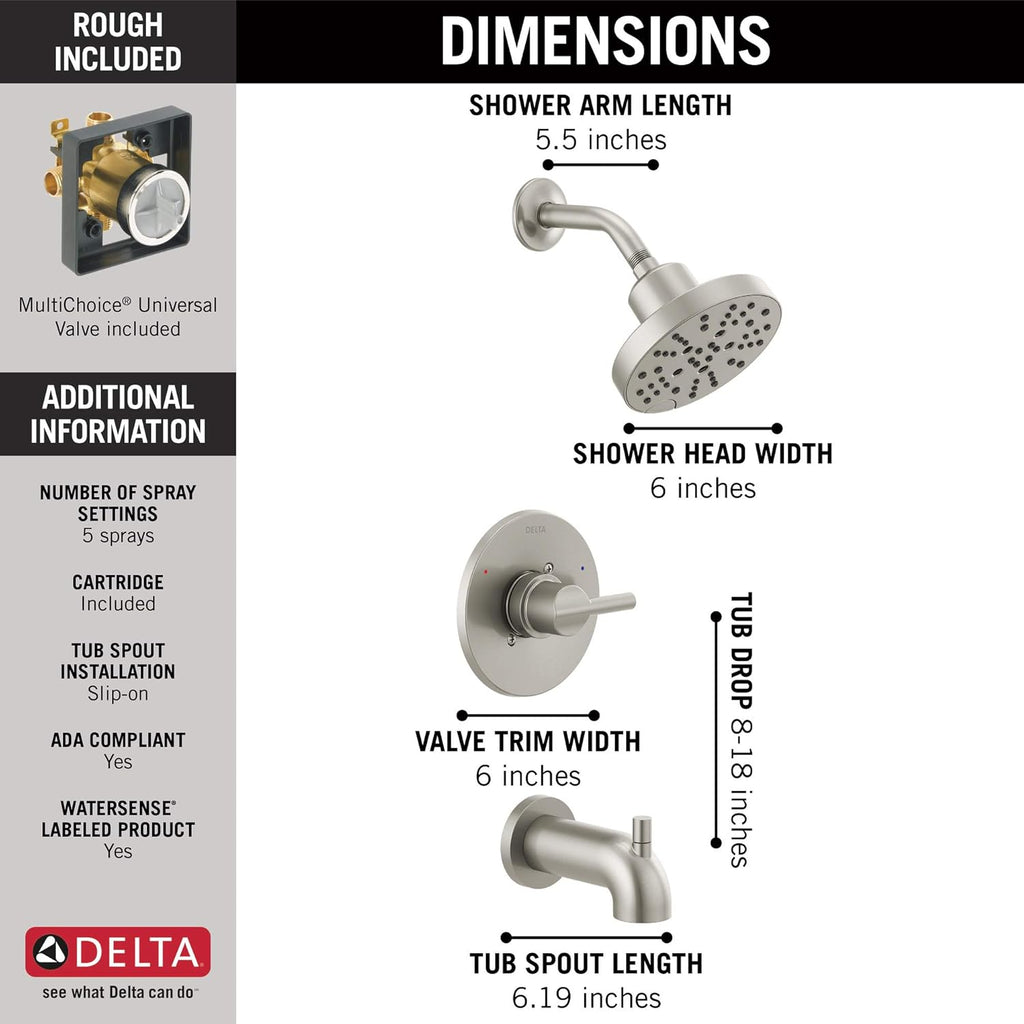 Delta Nicoli 14 Series H2Okinetic Bathtub and Shower Faucet Set, Brushed Nickel Shower Head and Handle Set, Valve Trim Kit, Stainless 144749-SS (Valve Included)