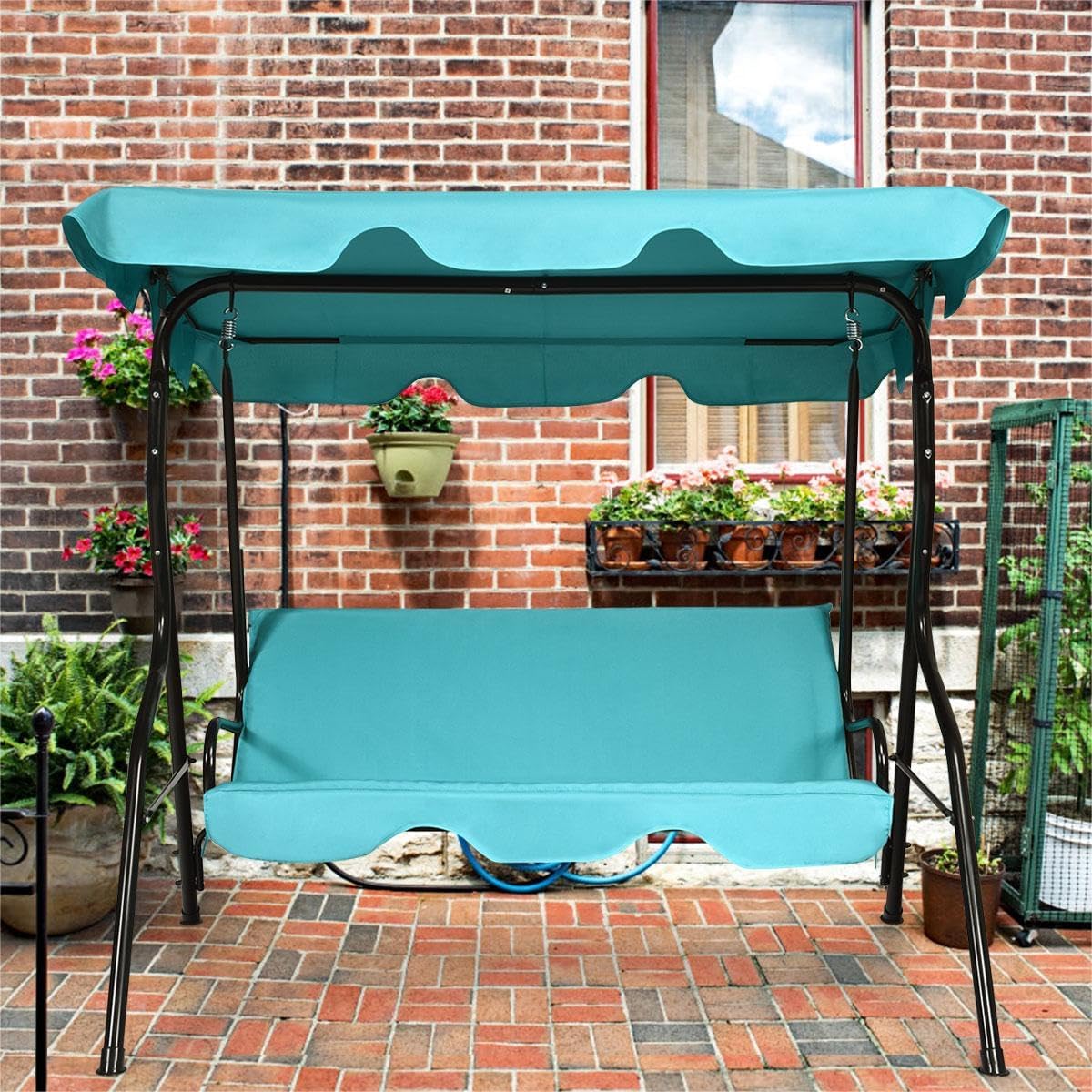 DREAMADE Porch Swing Outdoor, 3 Person Patio Swing w/Removable Cushion, Stand & Adjustable Canopy, Heavy Duty Swing Chair for Patio, Garden, Courtyard, Poolside