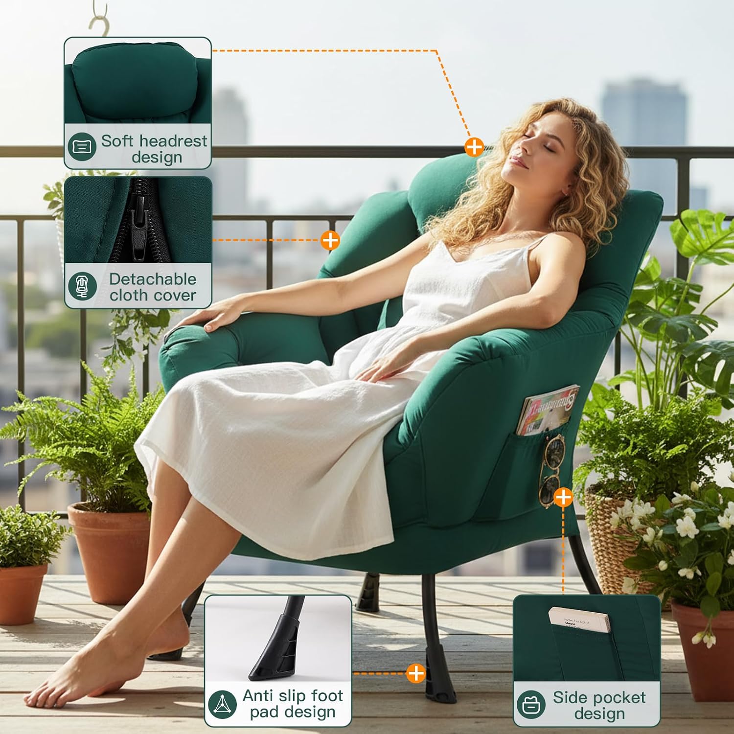 Lazy Chair for Living Room, Large Dark Green Accent Chair with a Throw Pillow, Leisure Sofa Chair Set, Comfy Reading Chair for Bedroom, Dorm Room, Office
