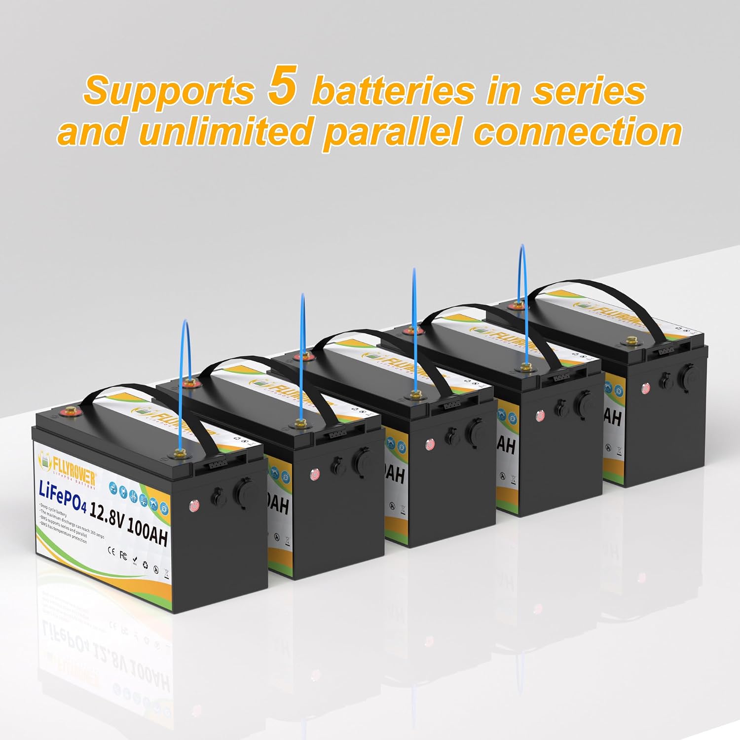 FLLYROWER 12V Lithium Battery 100AH With BMS and 16500 Deep Cycles 12V 100AH Lifepo4 Battery Grade A Cells for Marine Trolling Motor RV camping Solar Golf Cart Off-Grid
