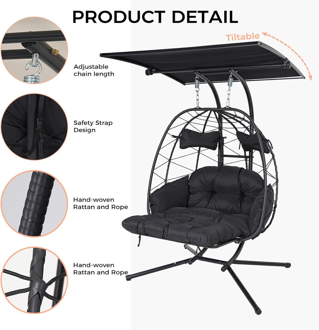 Double Egg Chair Outdoor with Stand & Canopy, 2 Person Hanging Egg Chair with Footrest, Oversized Rattan Wicker Egg Swing Chair for Patio Backyard Garden, 660Lbs, Black