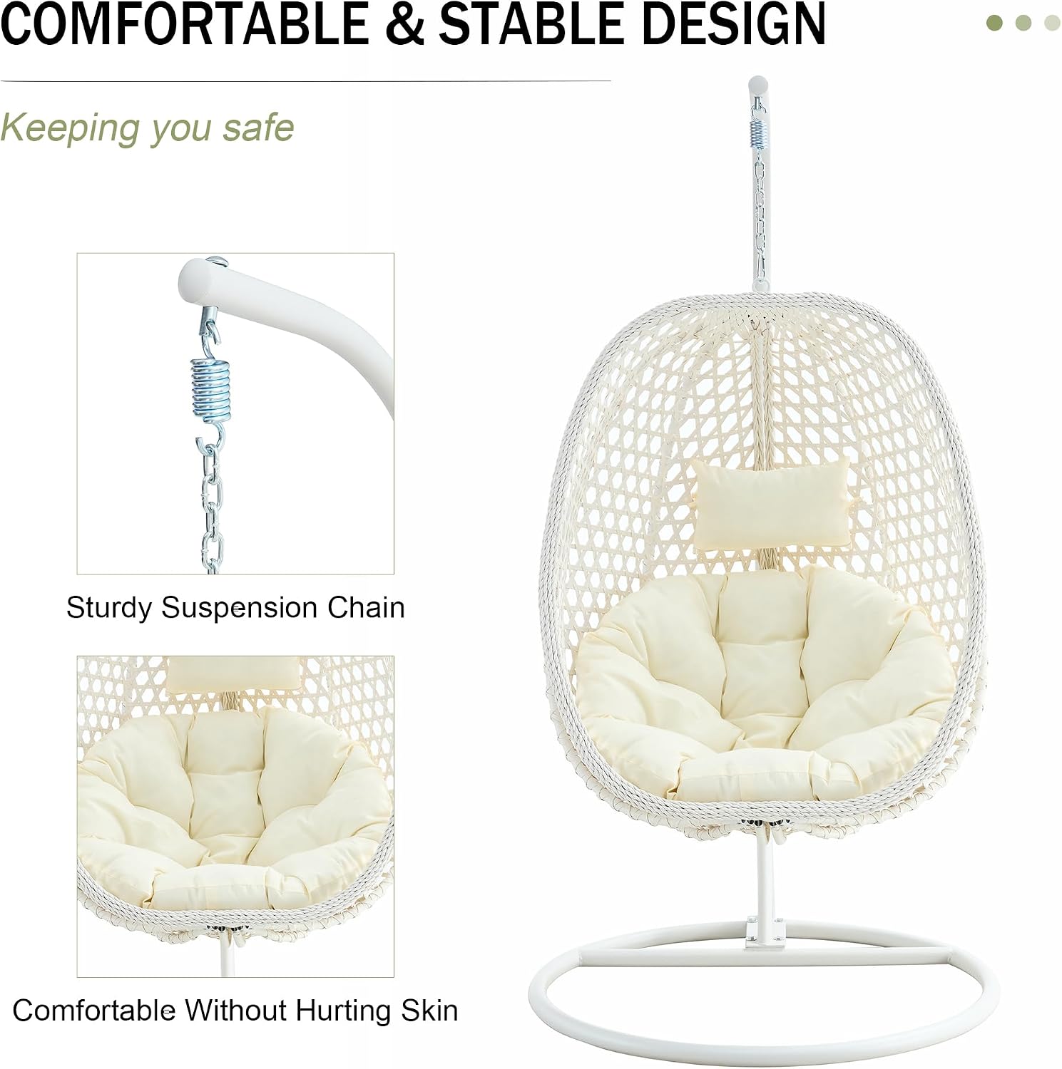 Egg Swing Chair with Stand,Rattan Swing Egg Chair with Stand, White Hanging Egg with Soft Cushion, Outdoor Hanging with Foldable Basket and Metal Stand for Bedroom Patio