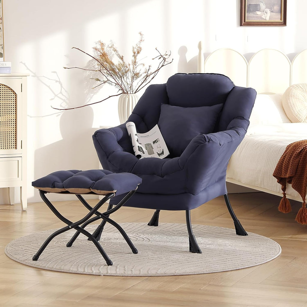 Lazy Chair with Ottoman, Large Accent Chair with Ottoman and a Throw Pillow, Navy Reading Chair for Living Room Bedroom Dorm Room Office Apartment Relaxing Use