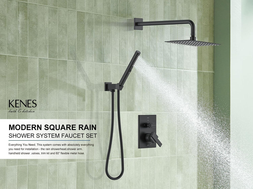 KENES Matte Black Rainfall Bathroom Shower System Rain Shower Head and Handle Set, Shower Faucet Set with 10-Inch Rain Showerhead and Handheld Spray, (Shower Valve Included), LJ-6026A-2
