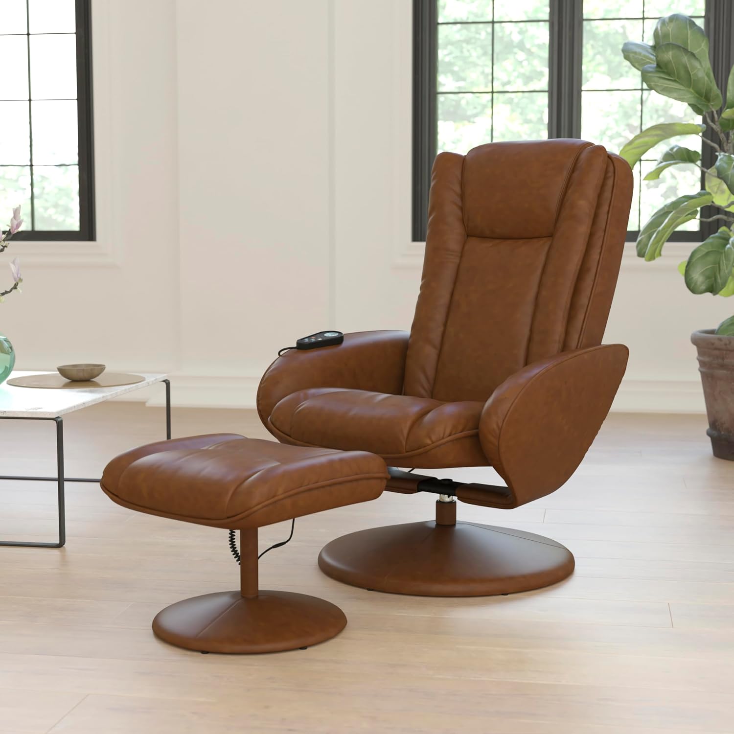 Flash Furniture Poppy Massaging Multi-Position Plush Recliner with Side Pocket and Ottoman in Brown LeatherSoft