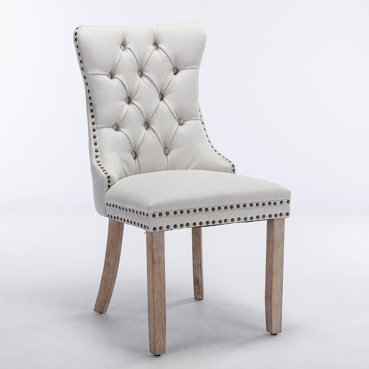 Ball & Cast Contemporary Upholstered Dining Chairs Set of 2, Button Tufted Kitchen Side-Chairs with Hang Ring & Nailhead Trims & Solid Wood Legs, 2-Piece Backrest Traditional Chair, Linen Beige