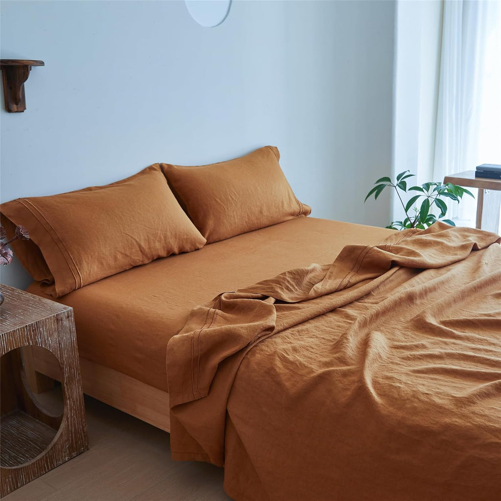 Simple&Opulence 100% Linen Sheet Set 4 Pieces Natural France Flax Bed Sheet (1 Flat Sheet, 1 Fitted Sheet, 2 Pillowcases) Breathable Luxury Hotel Bedding - Embroidery Rust, King Size