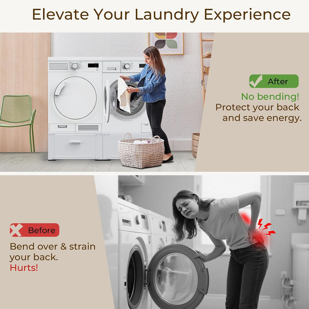 SKM Washer and Dryer Pedestal with Drawer, Laundry Pedestal for Washer and Dryer Stand, Heavy Duty Steel Washing Machine Stand Height Raiser (2, white, 28' W x 29' D x 14' H)