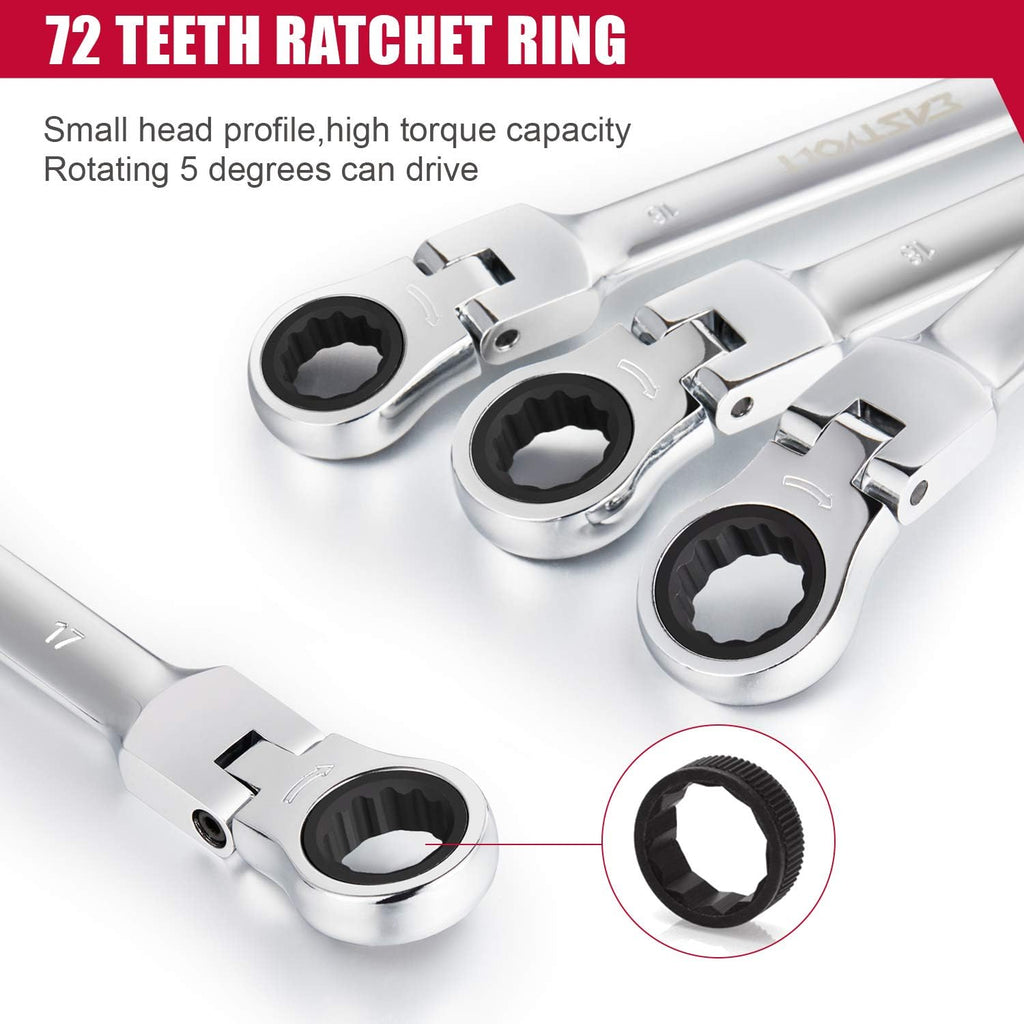 Eastvolt 12-Piece Flex-Head Ratcheting Wrench Set, Metric 8mm-19mm, Combination Ended Spanner kits, Chrome Vanadium Steel with Toolbox, EVHT1201 (Pack of 5)