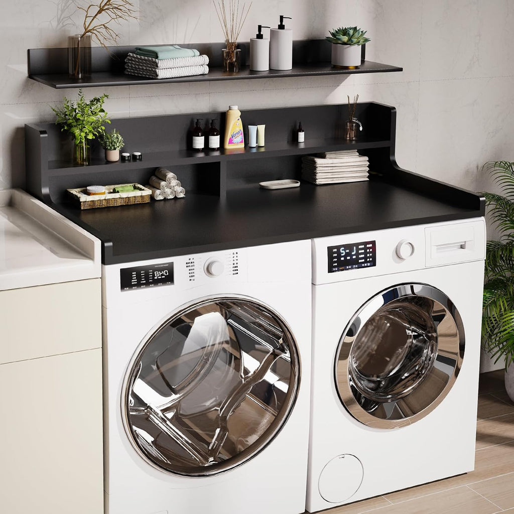 2-Tier Washer Dryer Countertop 54' x 27.55' Washer Dryer Topper for Laundry Room Organization, Large Countertop Cover with Non-Slip Pad Black