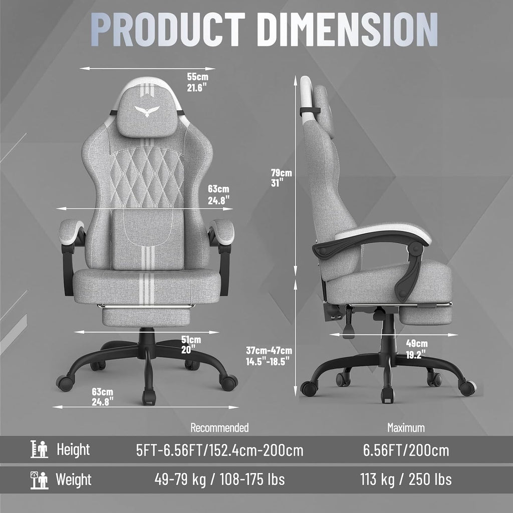 Ferghana Cotton Fabric Gaming Chair with Wider Seat Cushion, Diamond Double-Stitching Ergonomic High Back Game Chair with Footrest, Computer Chair with Massage Lumbar Support for Adult, Gray/White