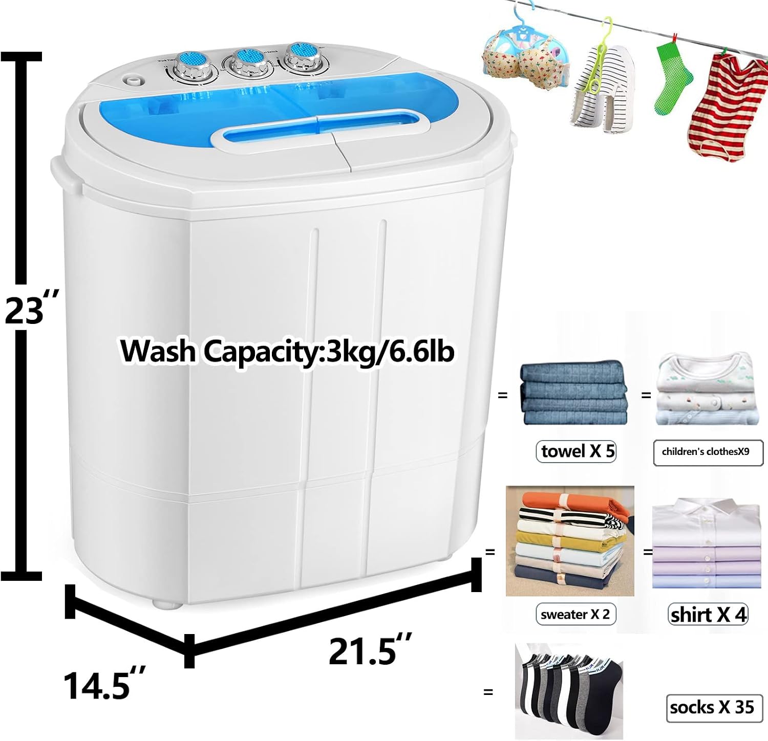 Tiktun Portable Washing Machine,Mini Twin Tub Washing Machine w/Wash and Spin Cycle,13lbs Capacity For Camping,Apartments,Dorms,RV
