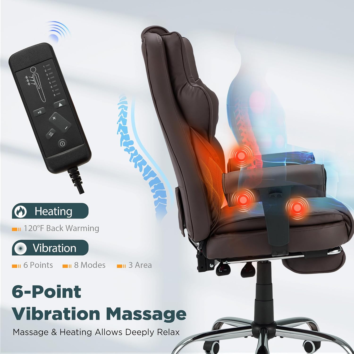 HOMREST Brown Ergonomic Office Chair with 6-Point Vibration Massage & Heat – Reclining Executive Chair with Adjustable Footrest and Armrests, PU Leather Big and Tall Home Office Desk Chair