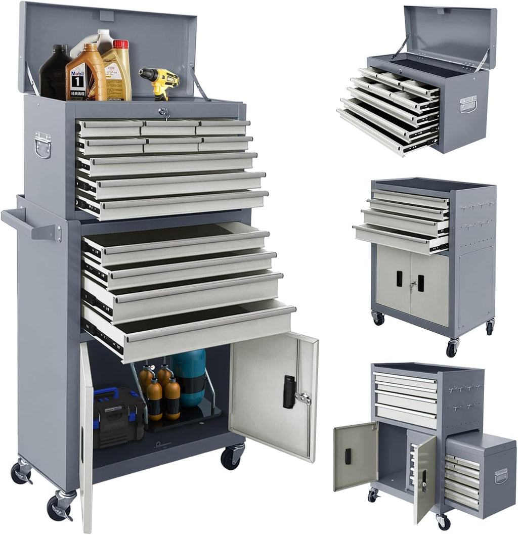 13-Drawer Rolling Tool Chest with Double Doors, 2 in 1 Detachable Rolling Tool Chest with Drawers, Mobile Tool Cabinet Combo, Metal Large Lockable Tool Box for Garage Workshop (Gray)