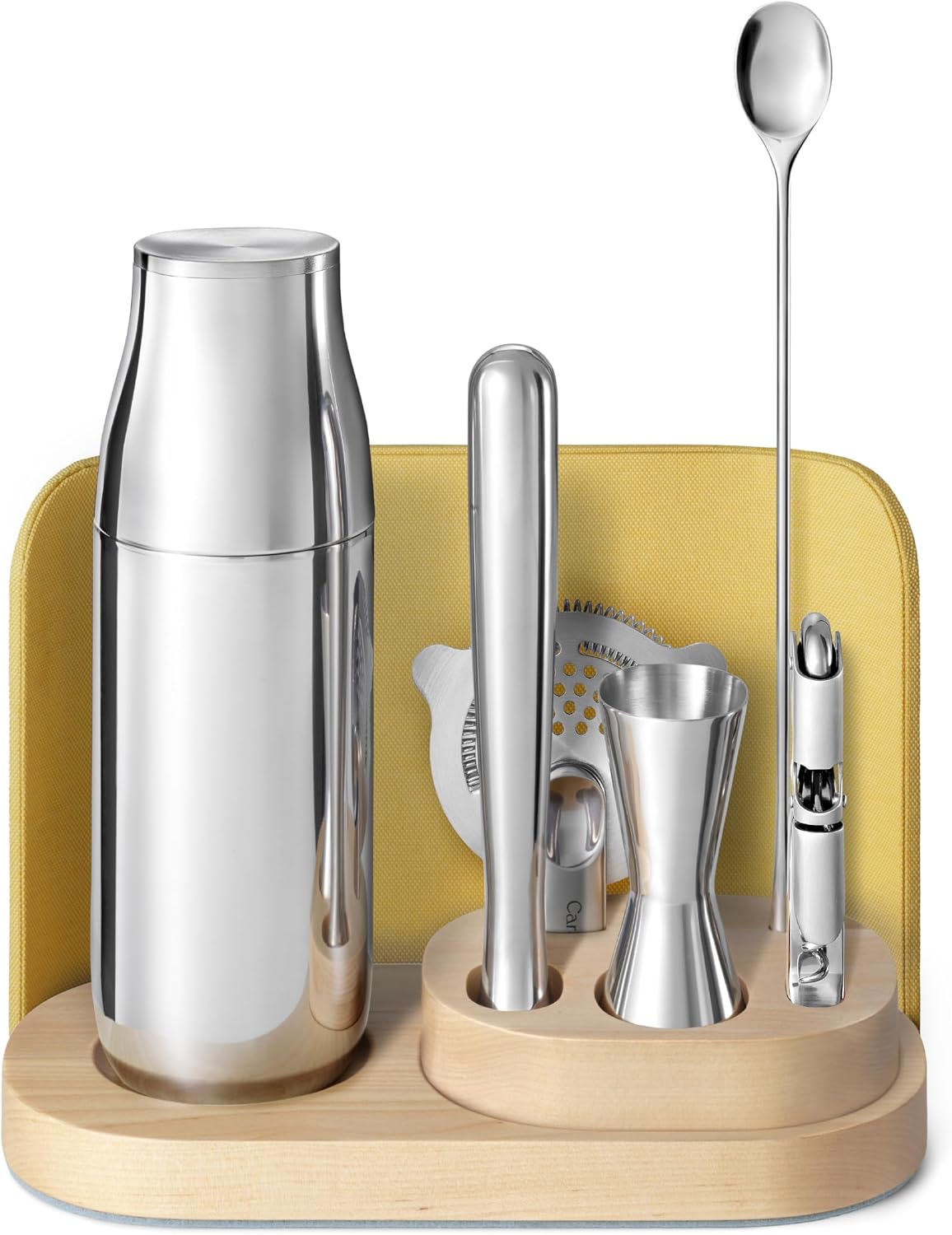Caraway 9-Piece Complete Bar Set - Cocktail Shaker, Jigger, Muddler, Wine Key, Strainer, Bar Spoon, Storage Organizer, Magnetic Backer - Bartender Accessories - Tools for Home Bartending - Lemon Drop