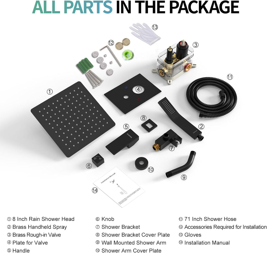 SR SUN RISE Shower Faucet - 8 Inch Shower System with Rain Shower Head and Handheld Spray - Shower Faucet Trim Repair Kits with Diverter Valve - All Metal Shower Set - Matte Black
