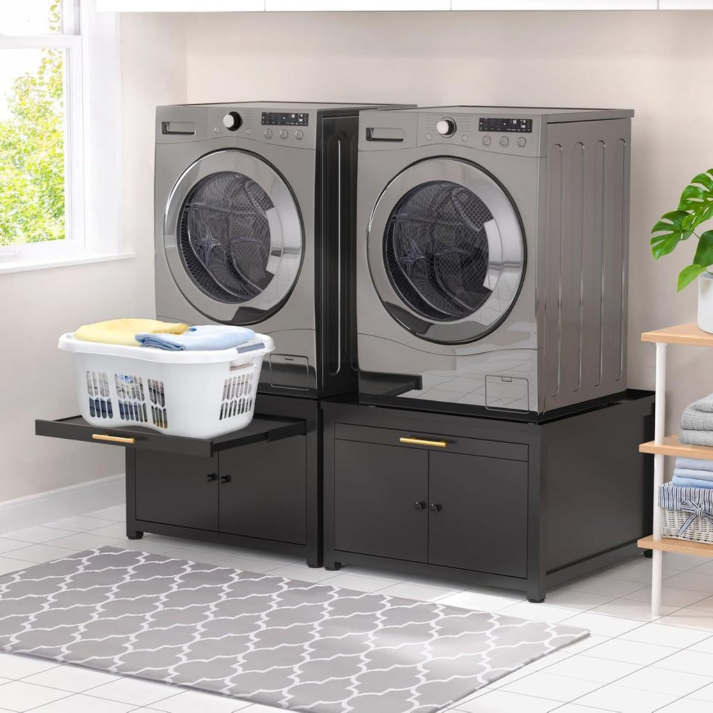 GDLF Laundry Pedestal Heavy Duty Metal Washer Dryer Pedestal 29' Universal Fit Anti-Vibration Washing Machine Stand with Laundry Basket Shelf and Built-in Drain Pan + Hose,770 LBS Capacity