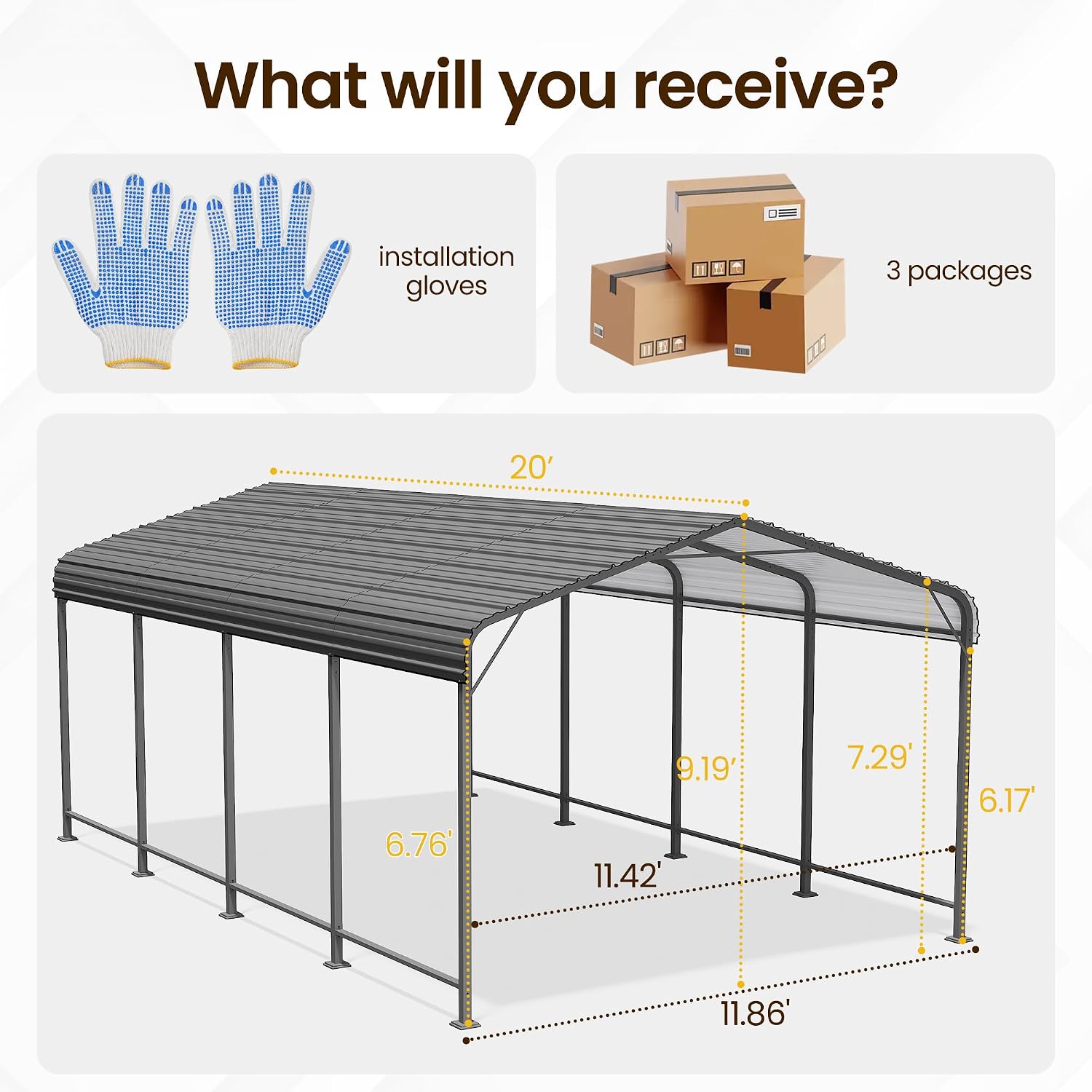 12x20 FT Metal Carport, Heavy Duty Carport Canopy with Galvanized Steel Roof and Frame, Outdoor Storage Car Port with Enhanced Base, Multi-Use Car Garage for Pickup, Car, Truck, Boat and Tractor, Grey