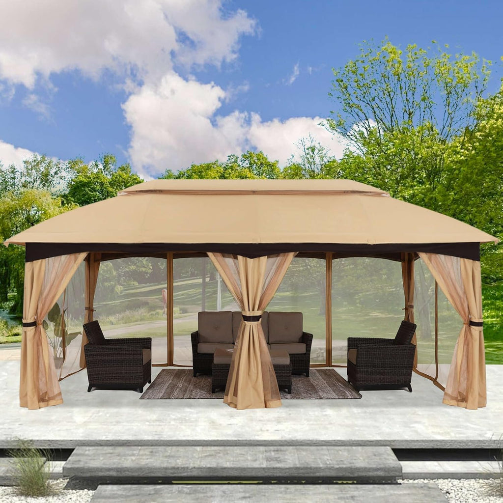 ABCCANOPY Outdoor Patio Gazebo 10x20 - Double Roof Canopy with Mosquito Netting for Backyard, Deck, Garden, Lawn, Beige