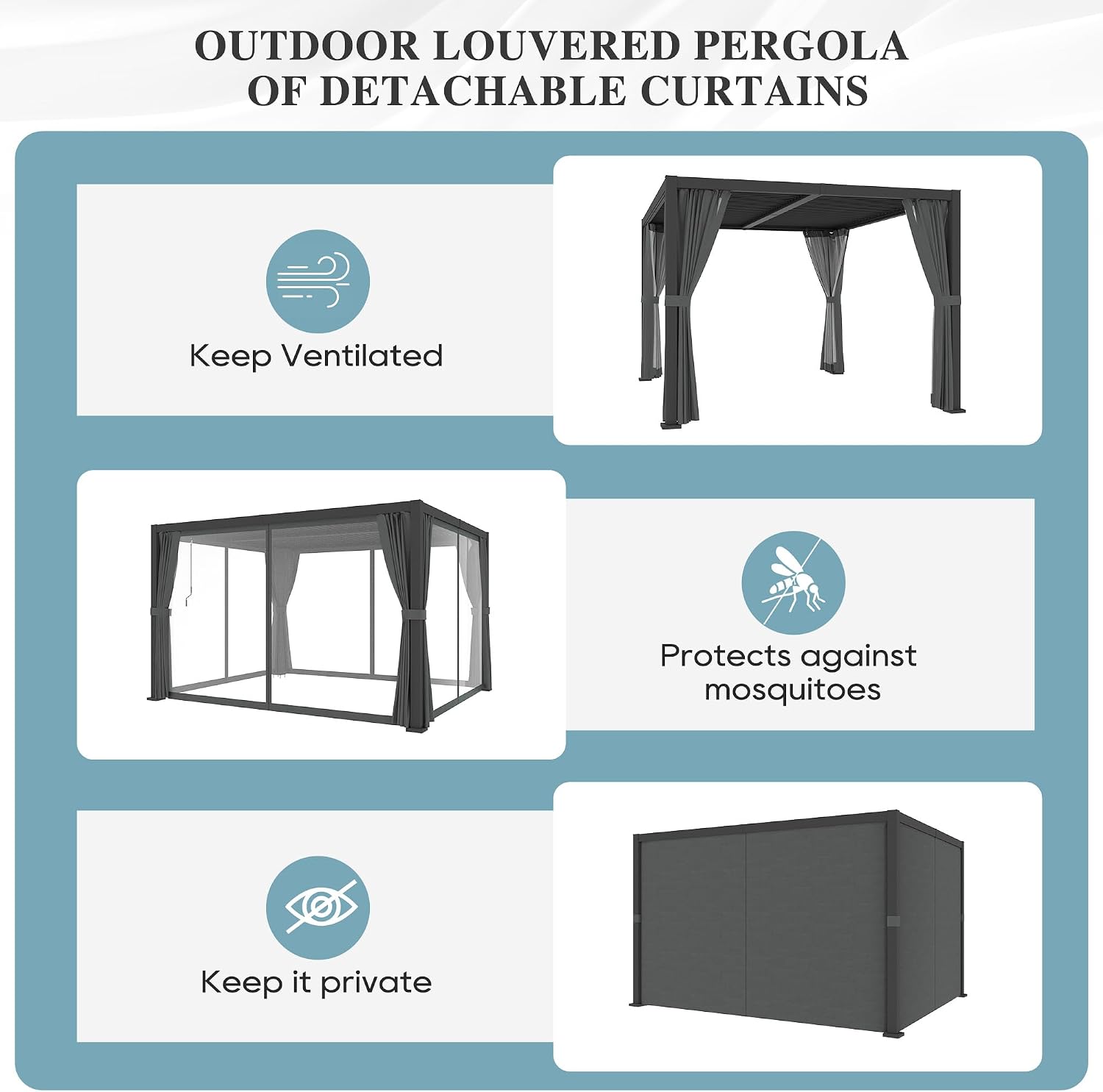Outdoor Louvered Pergola 10'×12', Aluminum Louvered Pergola, Aluminum Outdoor Deck Gazebo with Adjustable Roof & Curtains, for Garden, Patio, Backyard, lawns, Beach (Black, 10' × 12' with Curtain)