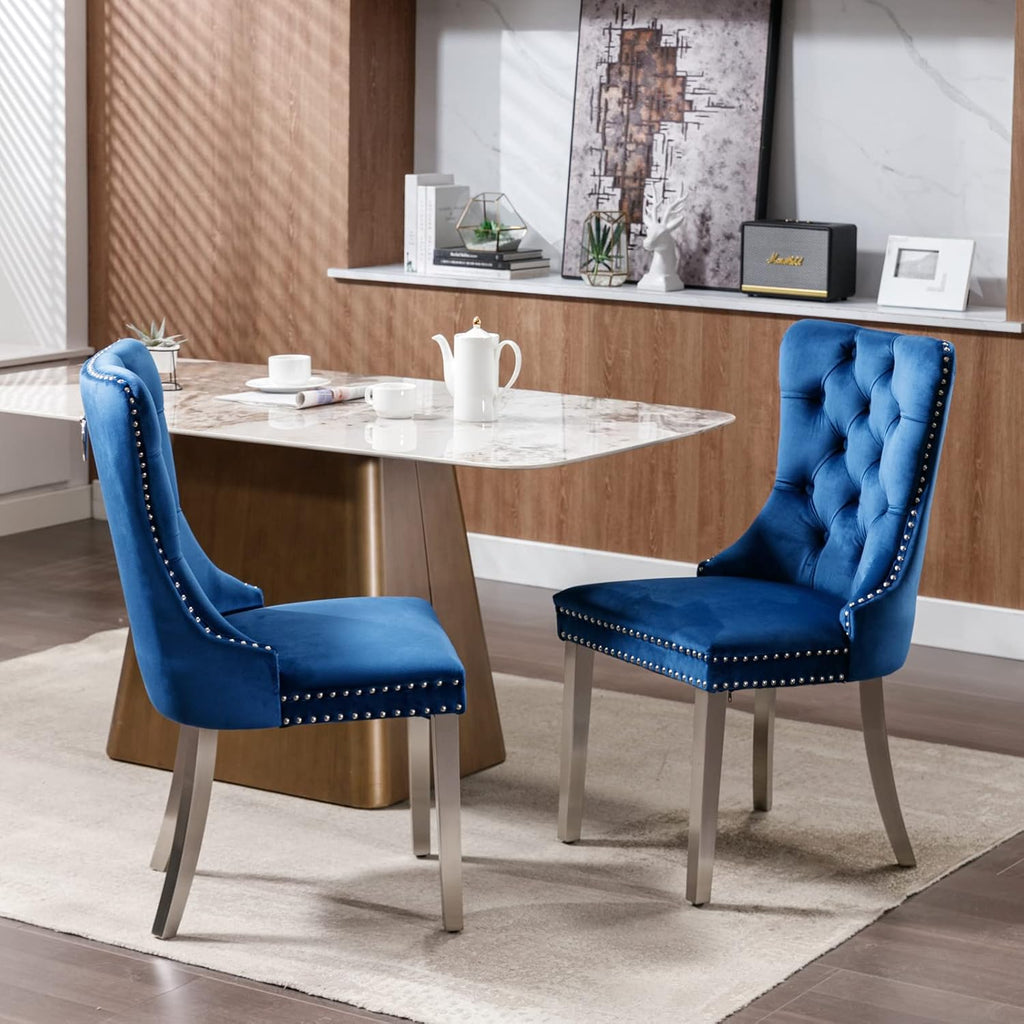 Ball & Cast Contemporary Upholstered Dining Chairs Set of 2, Velvet Button Tufted Kitchen Side-Chairs with Hang Ring & Nailhead Trims & Chrome Solid Wood Legs, 2-Piece Traditional Chair, Chrome+Blue