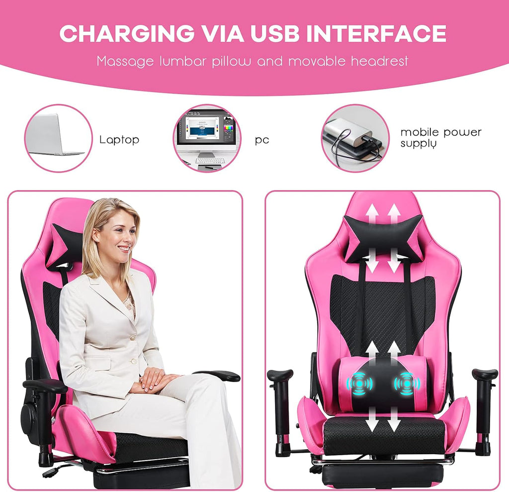 POWERSTONE Gaming Chair - Pink Gamer Chair with Footrest Racing Esports Computer Chair Massage Lumbar Support Leather Recliner