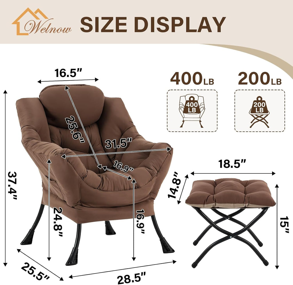 Welnow Lazy Chair with Ottoman, Modern Accent Armchair with Armrests and a Side Pocket, Leisure Sofa Armchair Set, Reading Chair with Footrest for Small Space, Dark Brown
