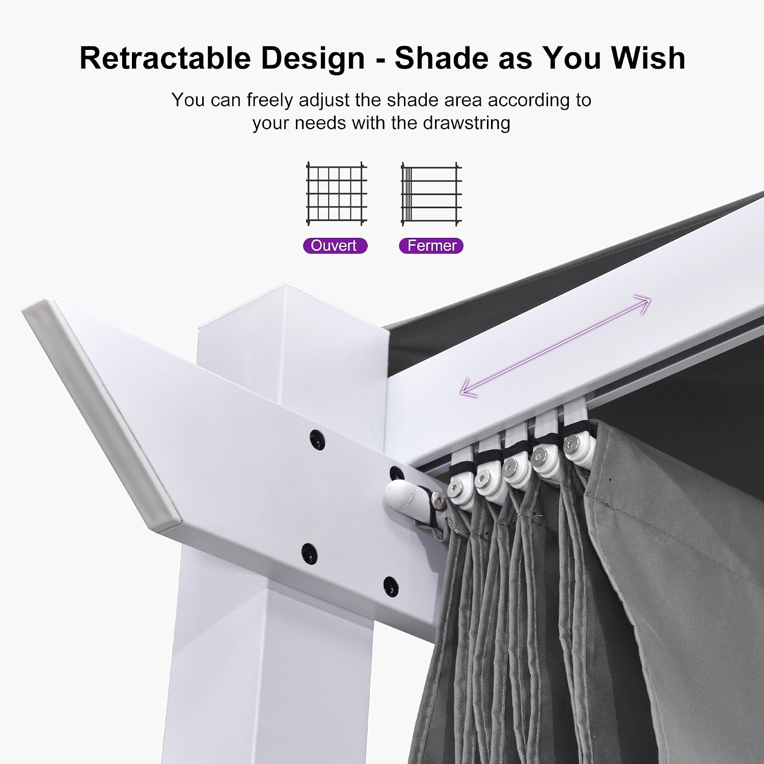 PURPLE LEAF 10' x 13' Outdoor Retractable Pergola with Light Aluminum Patio White Pergolas with Double Sun Shade Canopy for Gardens Deck Backyard, Grey