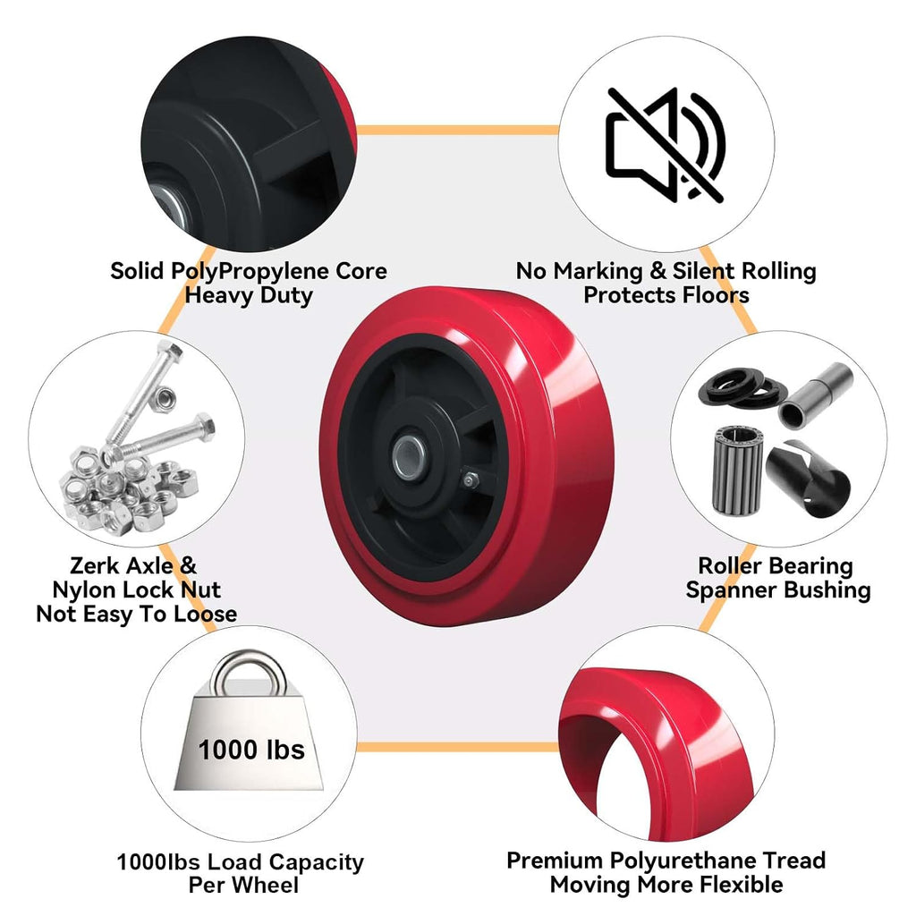 6 Inch Caster Wheels, Polyurethane on Polyolefin core Wheel with Roller Bearing- 1/2' Bore - 1000 lbs Capacity per, Replacement Caster Wheel for Industrial/Commercial(50 PACK)
