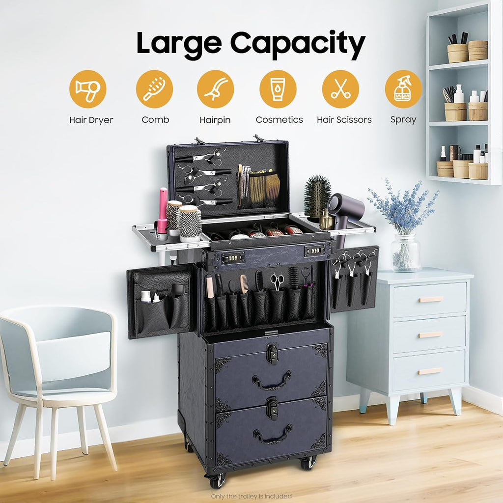 Rolling Lockable Makeup Train Case, Cosmetology Case on Wheels Hairstylist Traveling Bag with Hairdryer Holder, Salon Storage Toolbox with Carry Handle and Trolley, 15.15*10*31.7in (Blue)