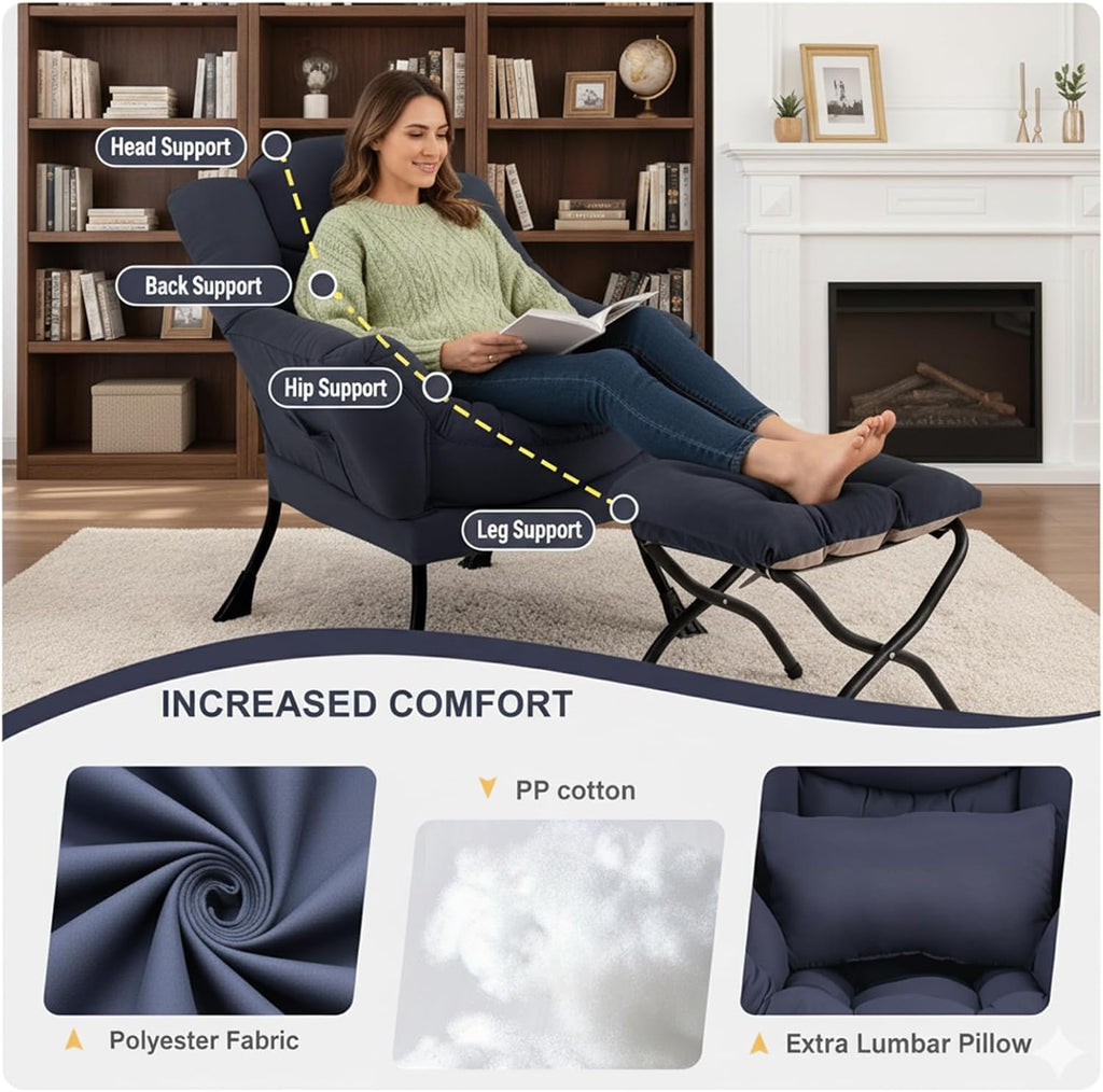 Lazy Chair with Ottoman, Modern Accent Chair with Lumbar Pillow, Navy Blue Sofa, Armchairs with Folding Footrest, Oversized Supportive Chairs for Bedroom, Reading