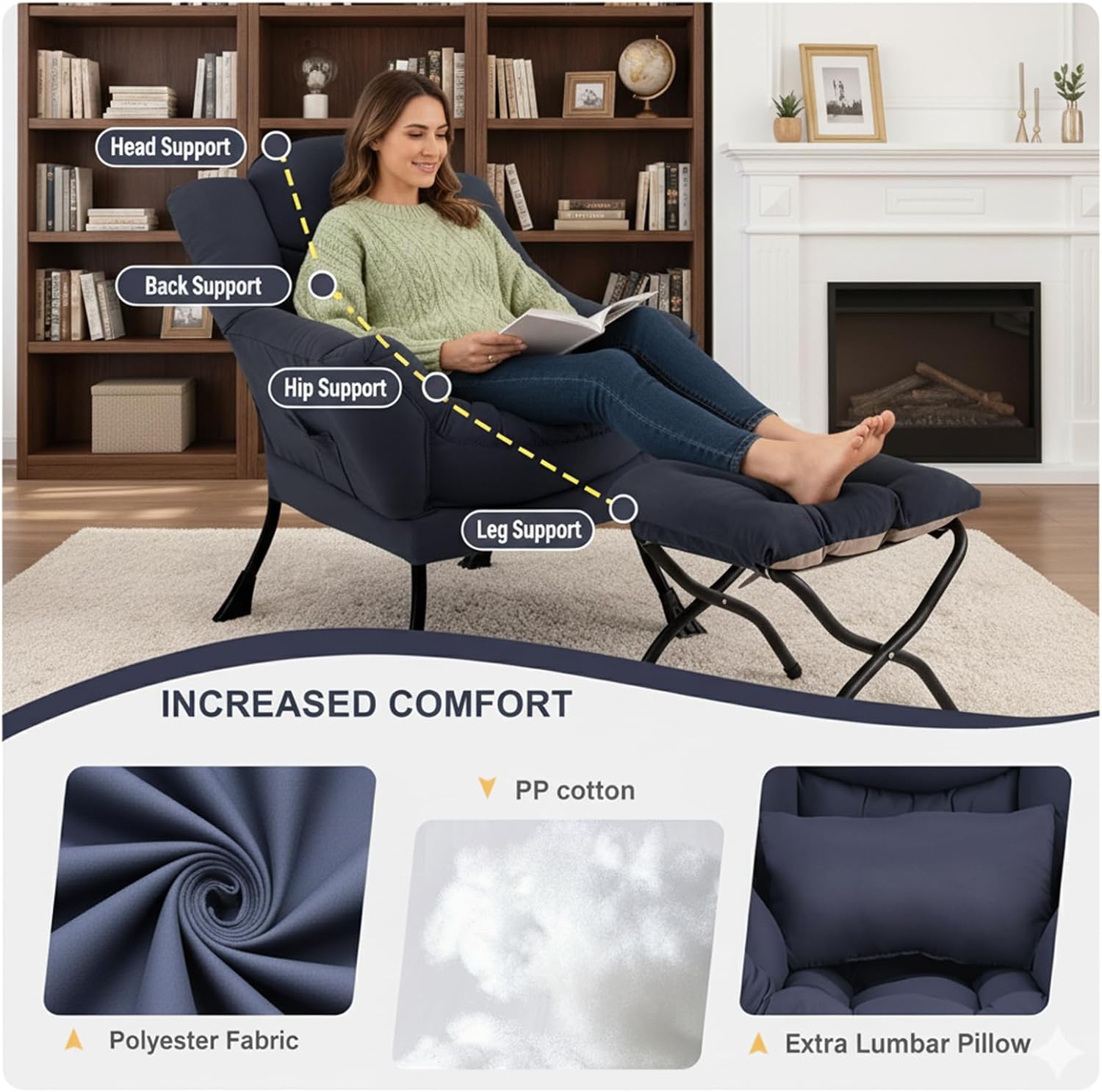 Lazy Chair with Ottoman, Modern Accent Chair with Lumbar Pillow, Navy Blue Sofa, Armchairs with Folding Footrest, Oversized Supportive Chairs for Bedroom, Reading