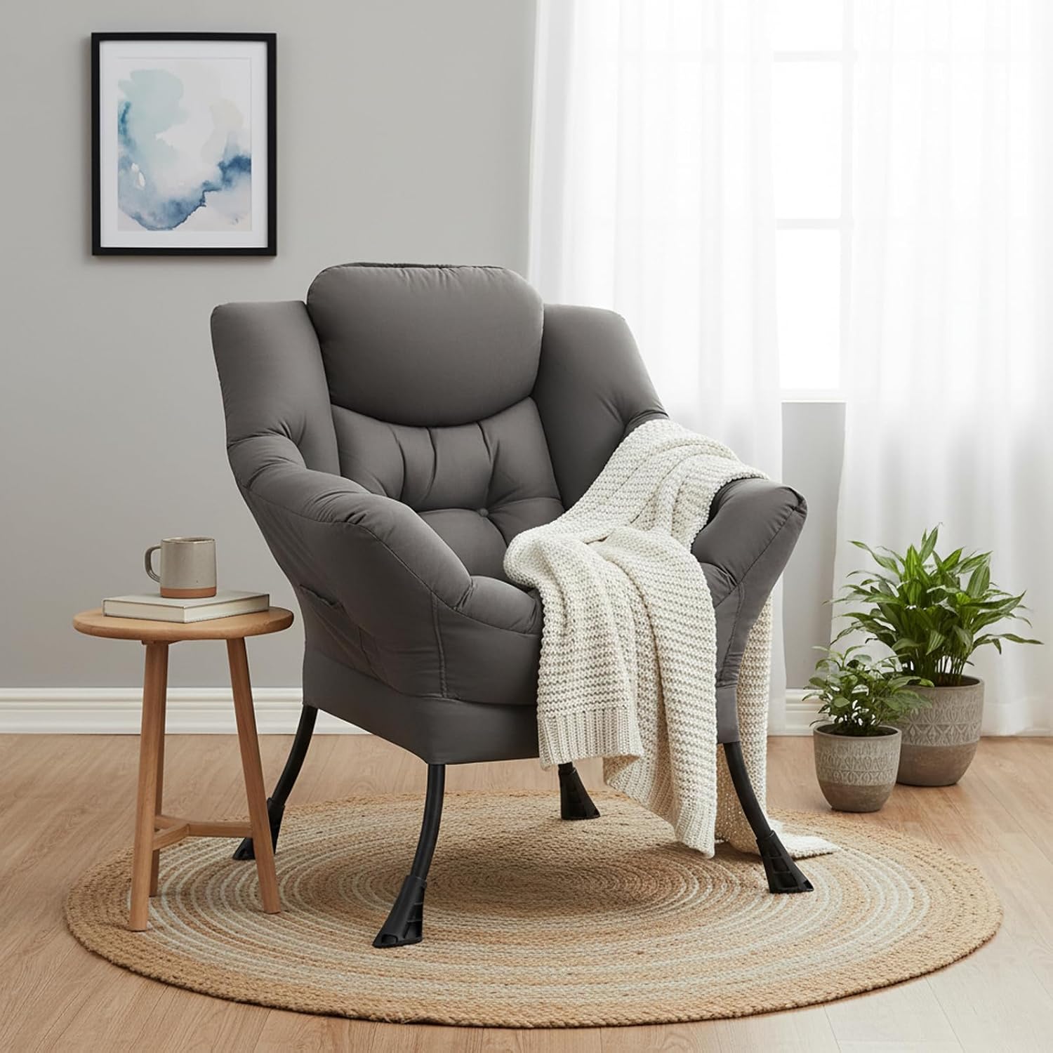 Welnow Dark Grey Single Lazy Chair for Living Room, Modern Reading Accent Chair with Armrests and a Side Pocket, Leisure Lazy Sofa Chair for Small Space, Bedroom, Dorm