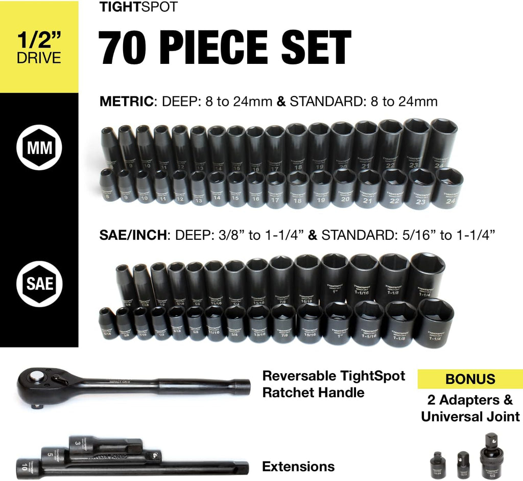 TIGHTSPOT 1/2' Drive 70pc Impact Socket MASTER SET with SAE & Metric from 5/16 Inch - 1-1/4 Inch, 8mm - 24mm, Standard/Deep Sockets with Extension Bars & Adapters & More