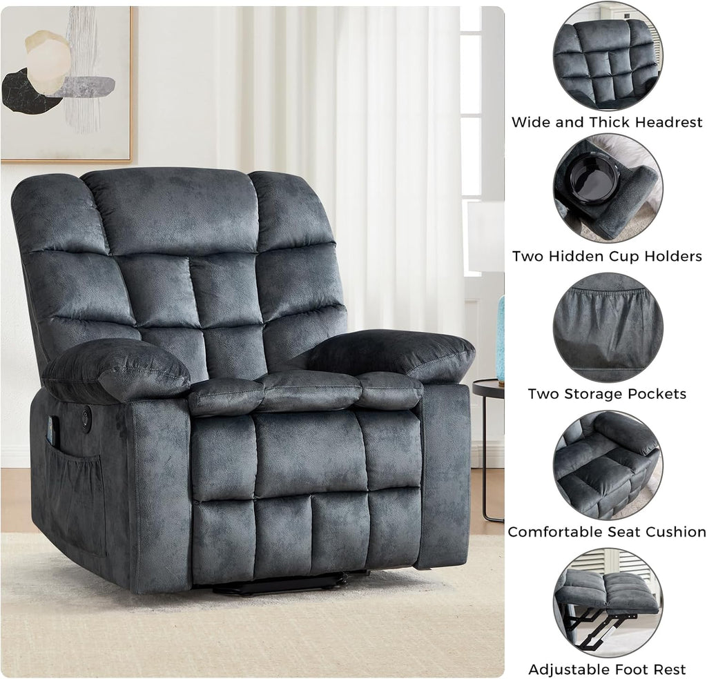 IOMOR Power Lift Recliner Chair for Elderly with Massage and Lumbar Heating, Overstuffed Electric Lift Chair with 2 Side Pockets and Cup Holders, USB & Type-C for Living Room, Textile Green Gray