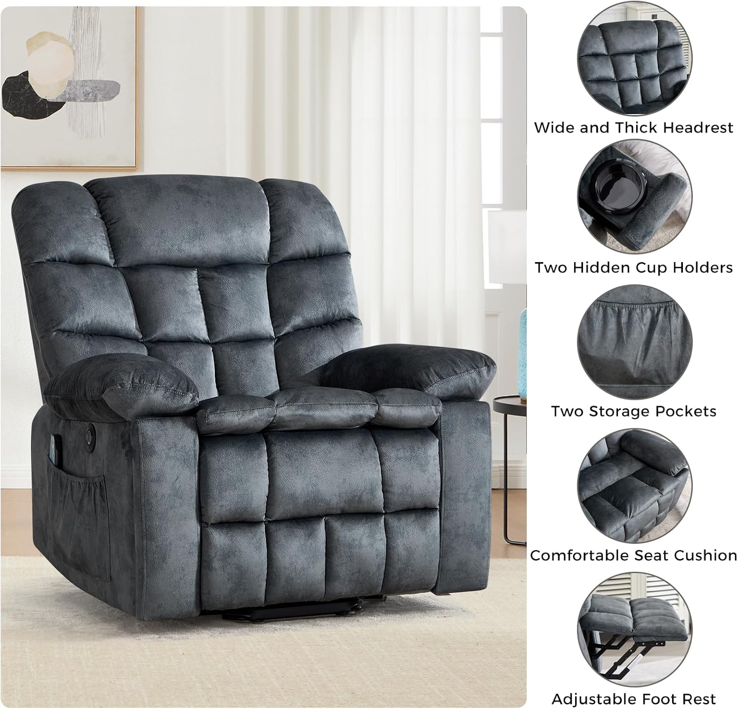 IOMOR Power Lift Recliner Chair for Elderly with Massage and Lumbar Heating, Overstuffed Electric Lift Chair with 2 Side Pockets and Cup Holders, USB & Type-C for Living Room, Textile Green Gray