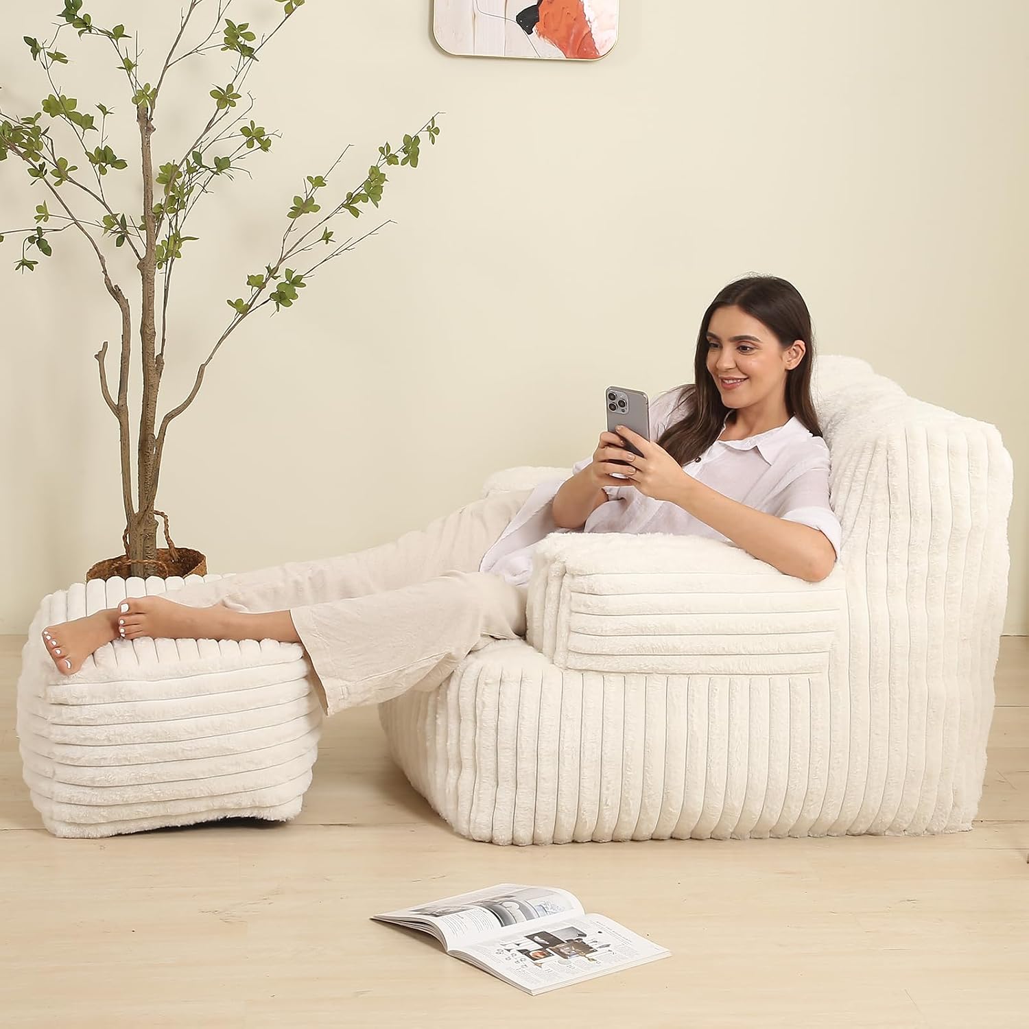 MOMCAYWEX Comfy Gaint Bean Bag Chair with Ottoman, Fluffy Huge Bean Bag Armchair for Adults and Teens, Cream