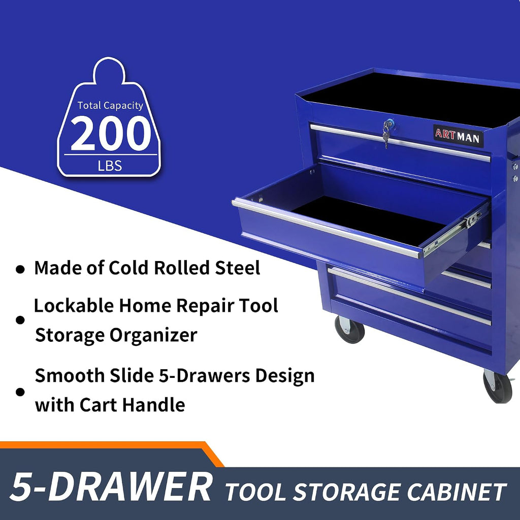 5 Drawers Rolling Tool Box，Tool Chest on Wheels, Lockable Tool Storage Cabinet Organizer Cabinet for Garage, Warehouse, Repair Shop, Workshop