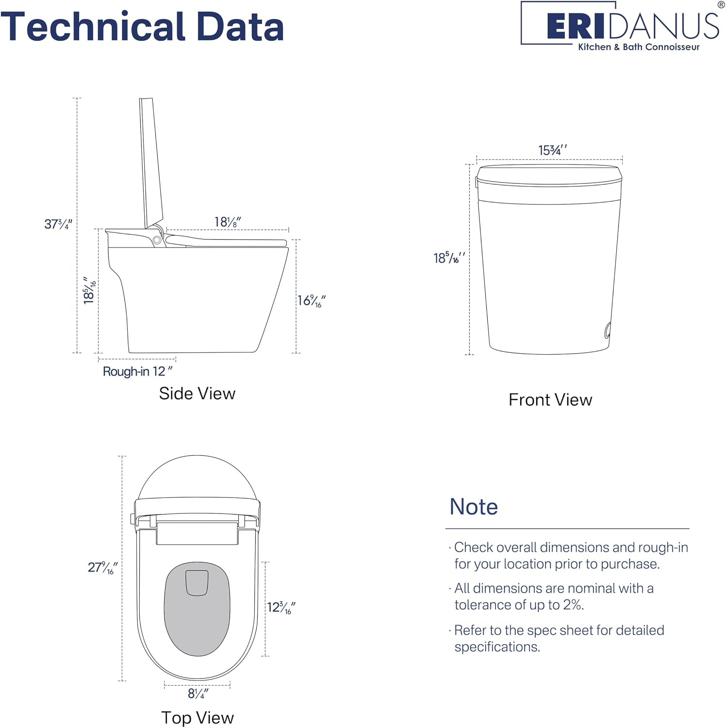 Smart Toilet, Eridanus One Piece Bidet Toilet for Bathroom, Toilet with Heated Bidet Seat, Adjustable Warm Water Wash & Dryer, Foot Sensor Flush, Tankless Toilet with LED Display, White