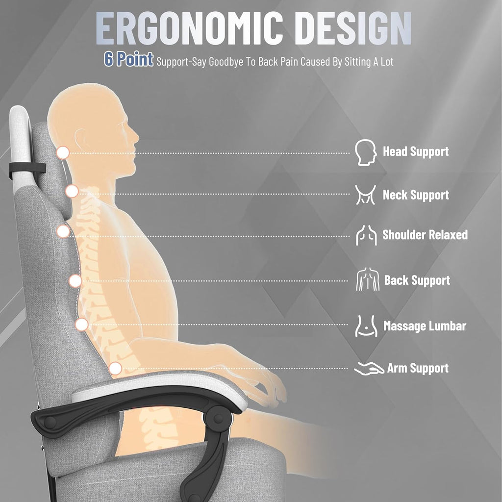 Ferghana Cotton Fabric Gaming Chair with Wider Seat Cushion, Diamond Double-Stitching Ergonomic High Back Game Chair with Footrest, Computer Chair with Massage Lumbar Support for Adult, Gray/White