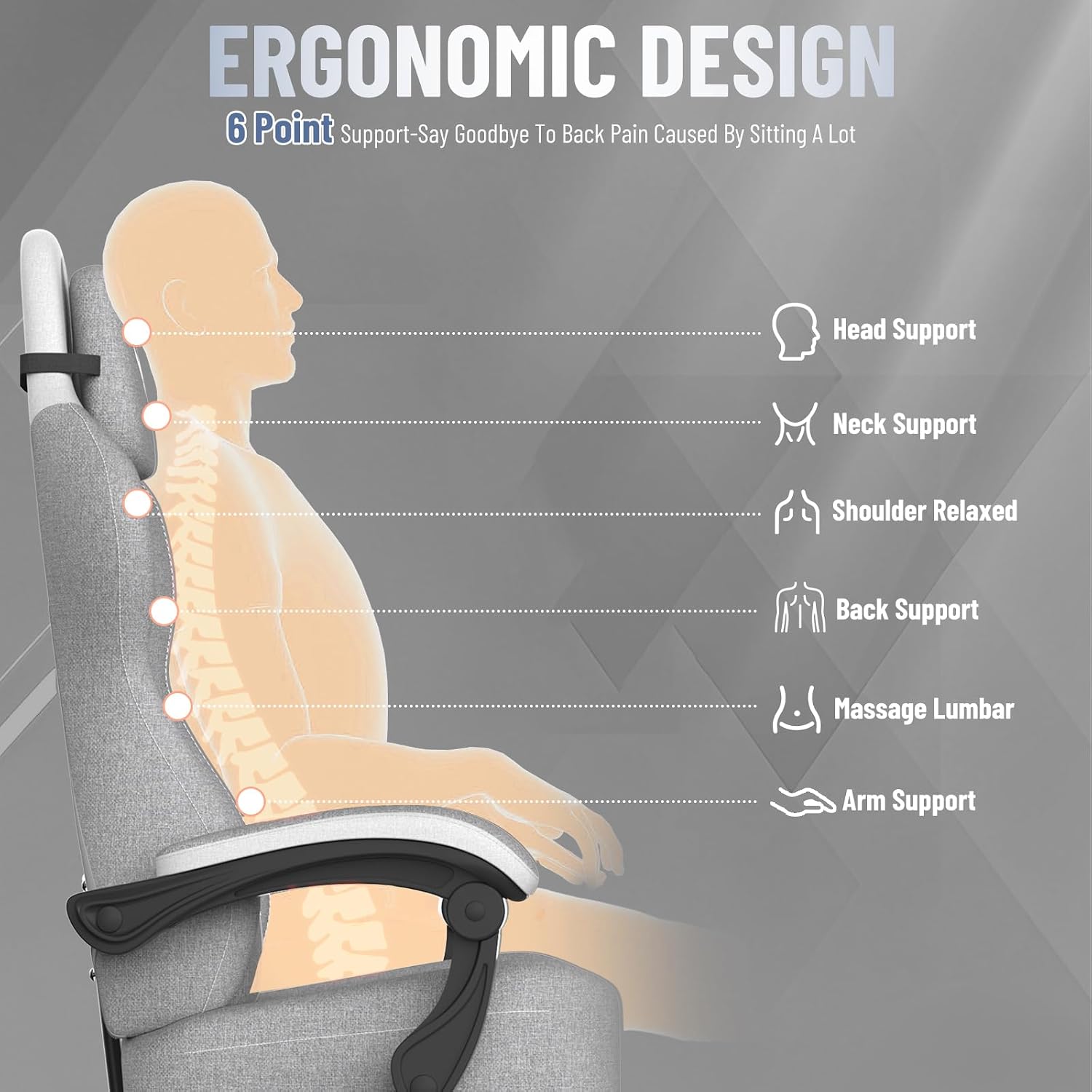 Ferghana Cotton Fabric Gaming Chair with Wider Seat Cushion, Diamond Double-Stitching Ergonomic High Back Game Chair with Footrest, Computer Chair with Massage Lumbar Support for Adult, Gray/White