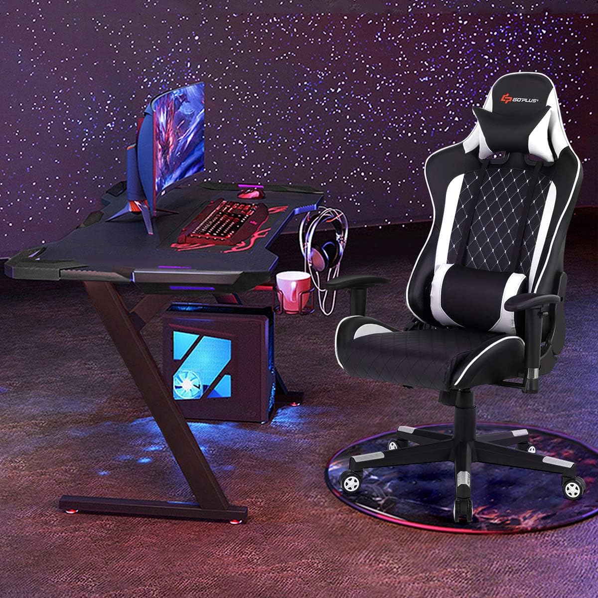 POWERSTONE Gaming Chair, Gaming Recliner with Adjustable Armrest Massage Lumbar Pillow Wide Cushion Ergonomic Office Computer Chair for Adults, White