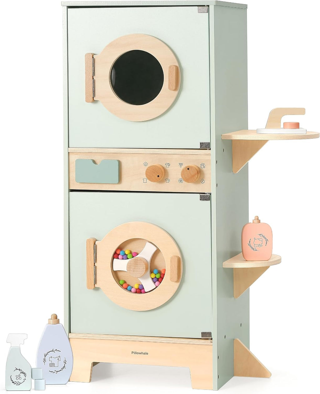 Pillowhale Wooden Washer-Dryer Playset for Kids – 2-in-1 Laundry Center Toy, Dual-Opening Doors, Spinning Drum & Click-Knobs, Basket + Iron Accessories – Montessori Pretend Play Gift Ages 3-6