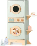 Pillowhale Wooden Washer-Dryer Playset for Kids – 2-in-1 Laundry Center Toy, Dual-Opening Doors, Spinning Drum & Click-Knobs, Basket + Iron Accessories – Montessori Pretend Play Gift Ages 3-6