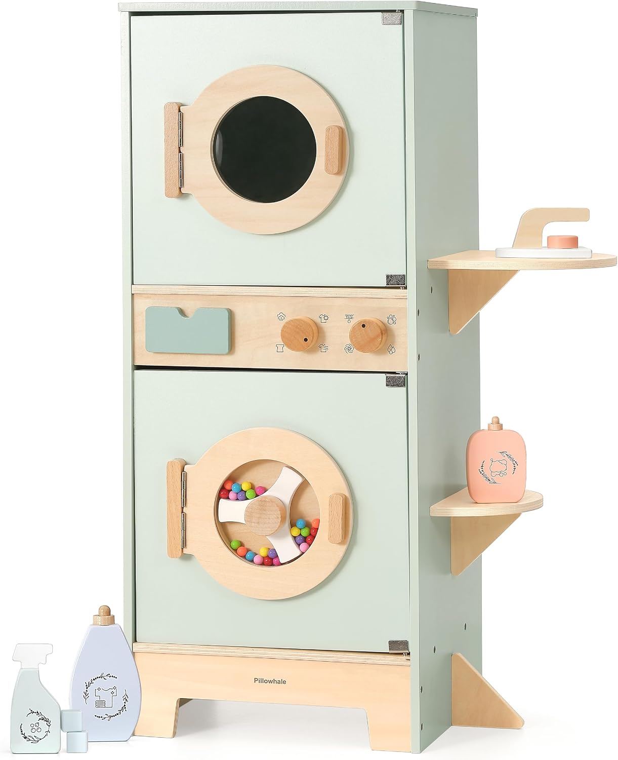 Pillowhale Wooden Washer-Dryer Playset for Kids – 2-in-1 Laundry Center Toy, Dual-Opening Doors, Spinning Drum & Click-Knobs, Basket + Iron Accessories – Montessori Pretend Play Gift Ages 3-6