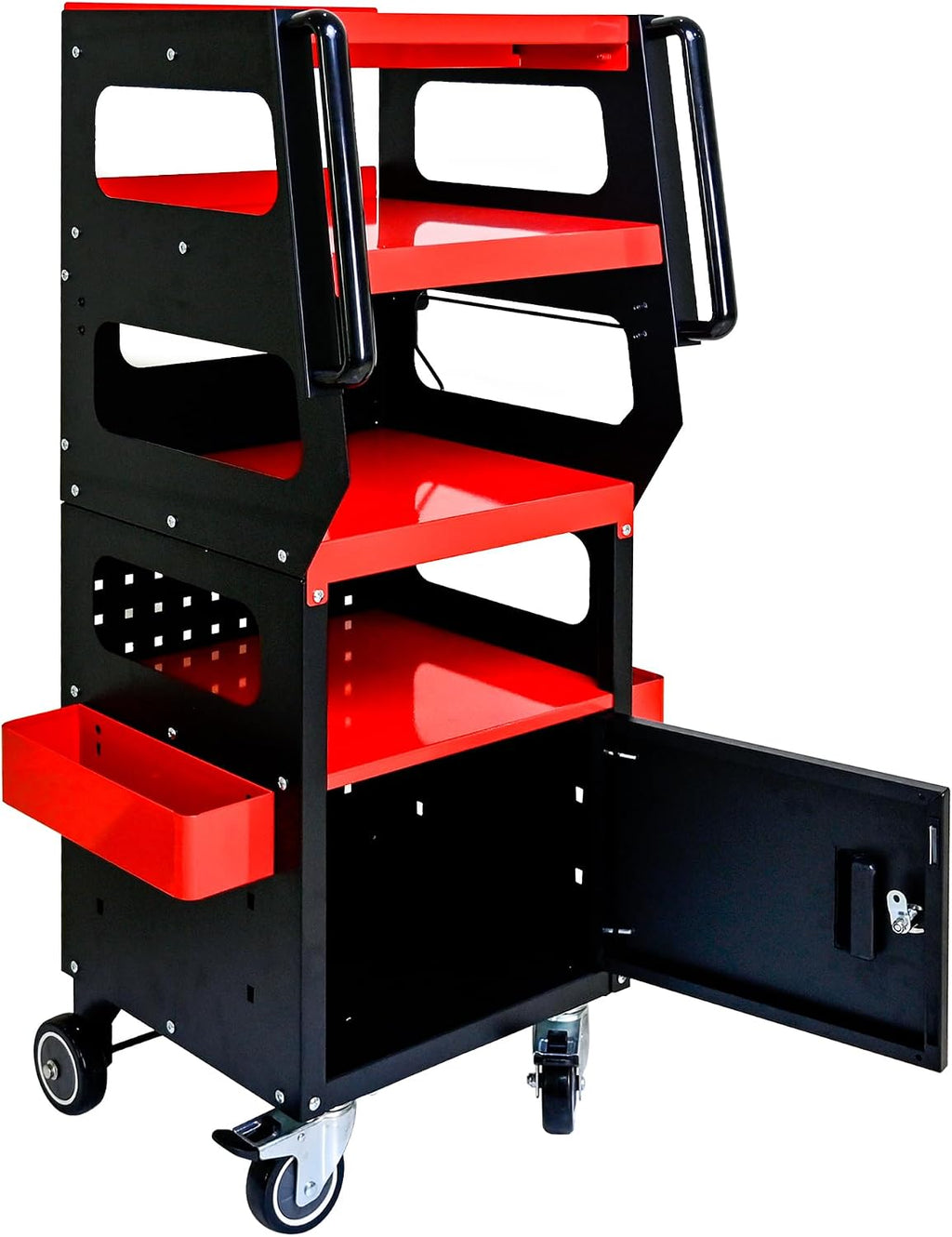 4-Tier 1-Cabinet Tool Cart on Wheels, Multifunctional Rolling Tool Chest Tool Storage with Key Lock and Handle, Rolling Tool Trolley Organizer Tool Case for Workshop, Diagnostics(Black+Red)