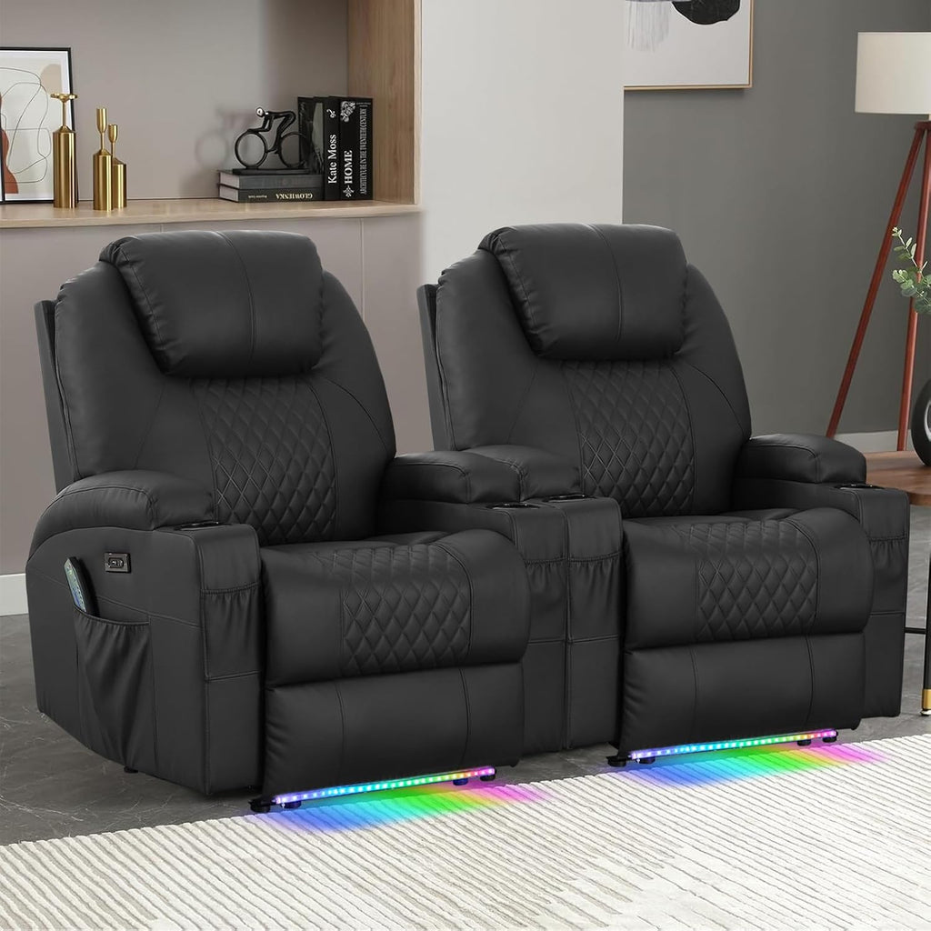 Power Recliner Chair with Heat and Massage for Adults - Home Theater Seating with LED Lights,Cup Holders,Side Pocket,USB Port - Recliner Sofa for Living Room (Black, Set of 2)