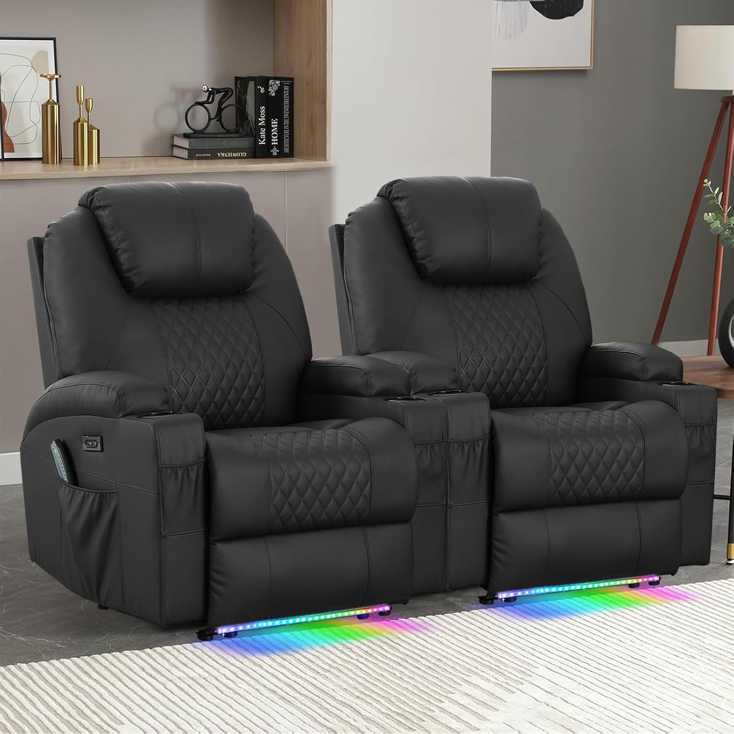 Power Recliner Chair with Heat and Massage for Adults - Home Theater Seating with LED Lights,Cup Holders,Side Pocket,USB Port - Recliner Sofa for Living Room (Black, Set of 2)
