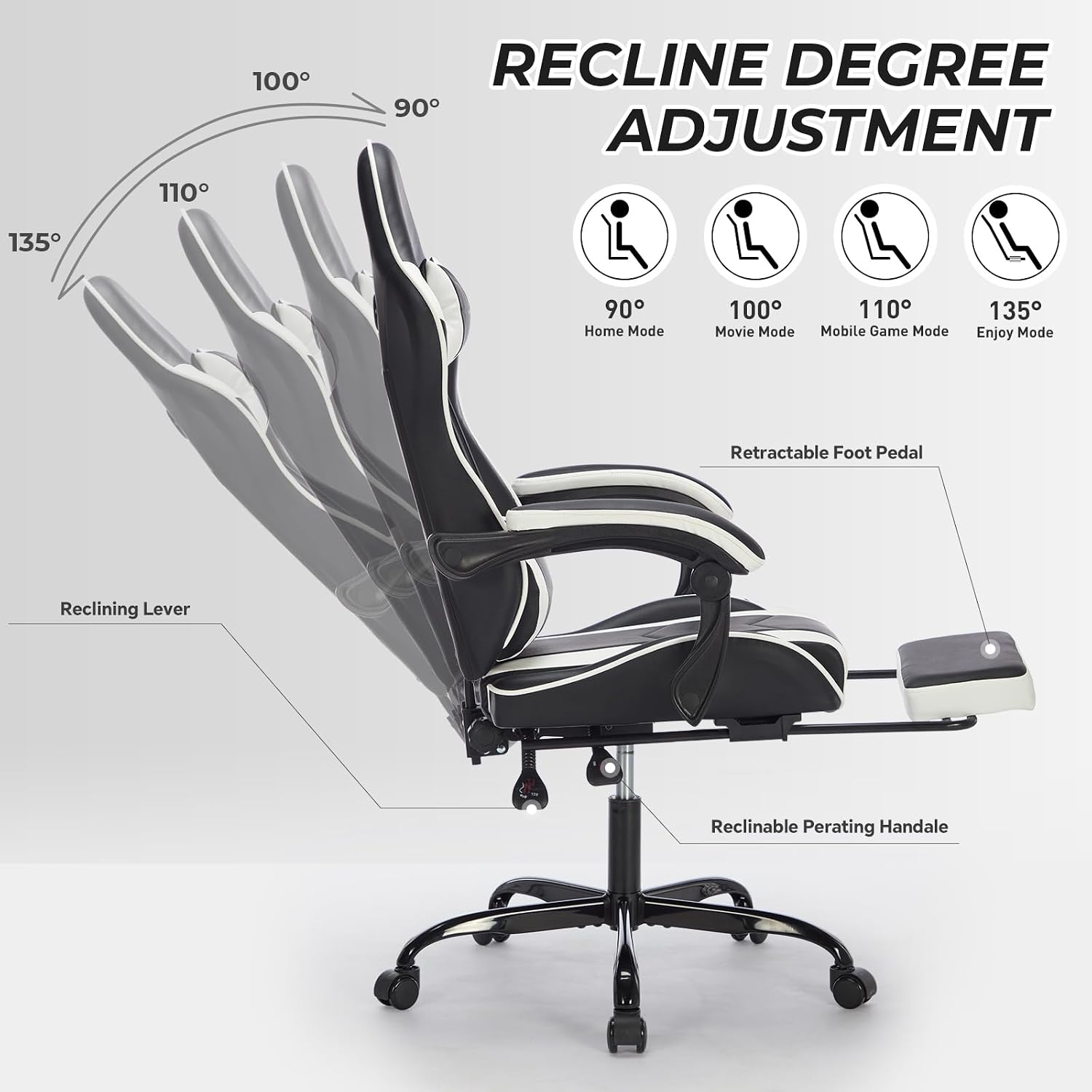Gaming Chair with Massage and Footrest, Ergonomic High Back PC Racing Chair, 300LBS Capacity with Adjustable Lumbar Support & Headrest for Office and Desk (Model C, Black+White)